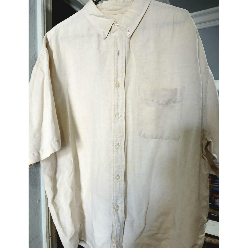 Eddie Bauer Button-Up Shirt Mens XL Beige Linen Cotton Short Sleeve Casual